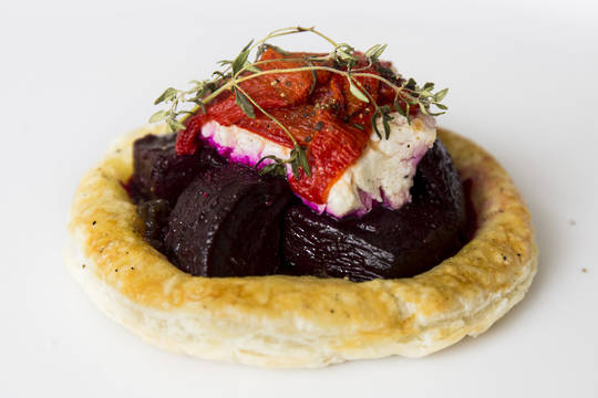 Roast beetroot goats cheese and caramelized onion tart