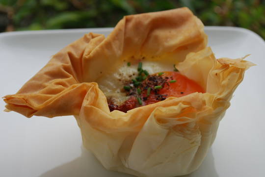 Bacon & egg open filo pie